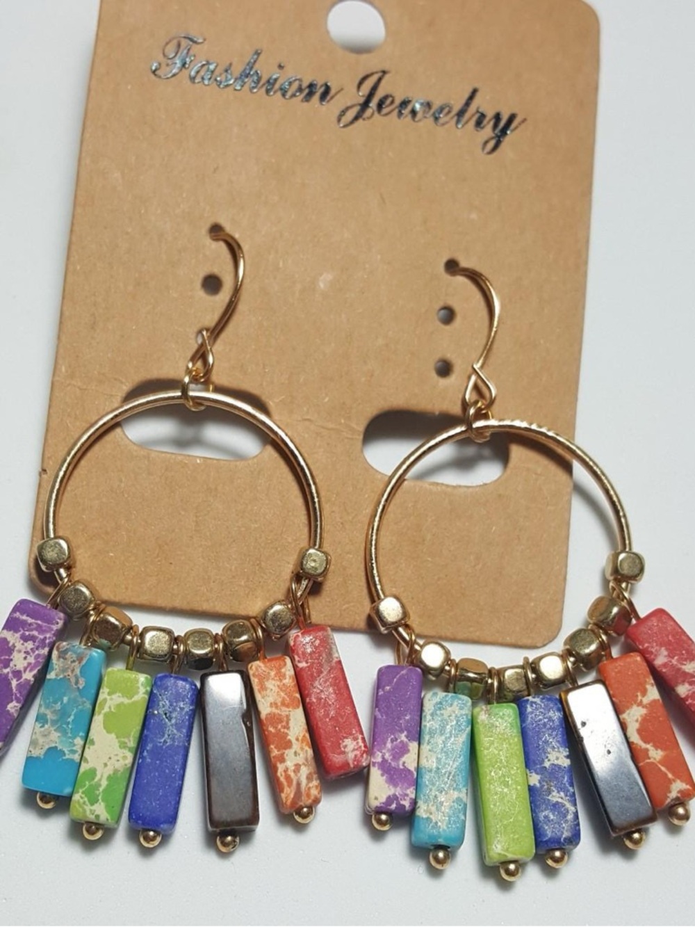 Fashion Jewelry Gold Hoop Earrings with Multicolor Rectangular Stones